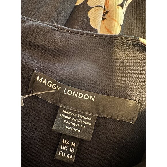 Maggy London Midi Dress 14 Black Pink Ivory Floral Ruched 3/4 Long Sleeve NEW - Picture 10 of 16